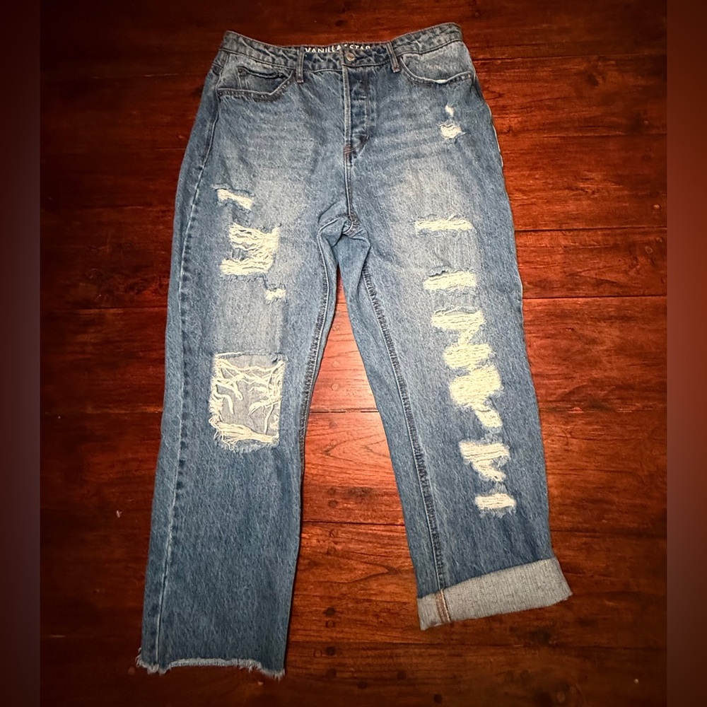 Vanilla Star 90s Boyfriend Jeans Distressed High Rise Button Fly Size 13 - Picture 10 of 14